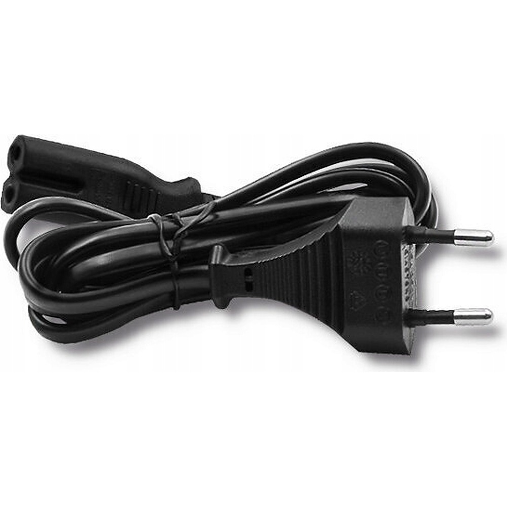 A black power cord with plug on a white background.