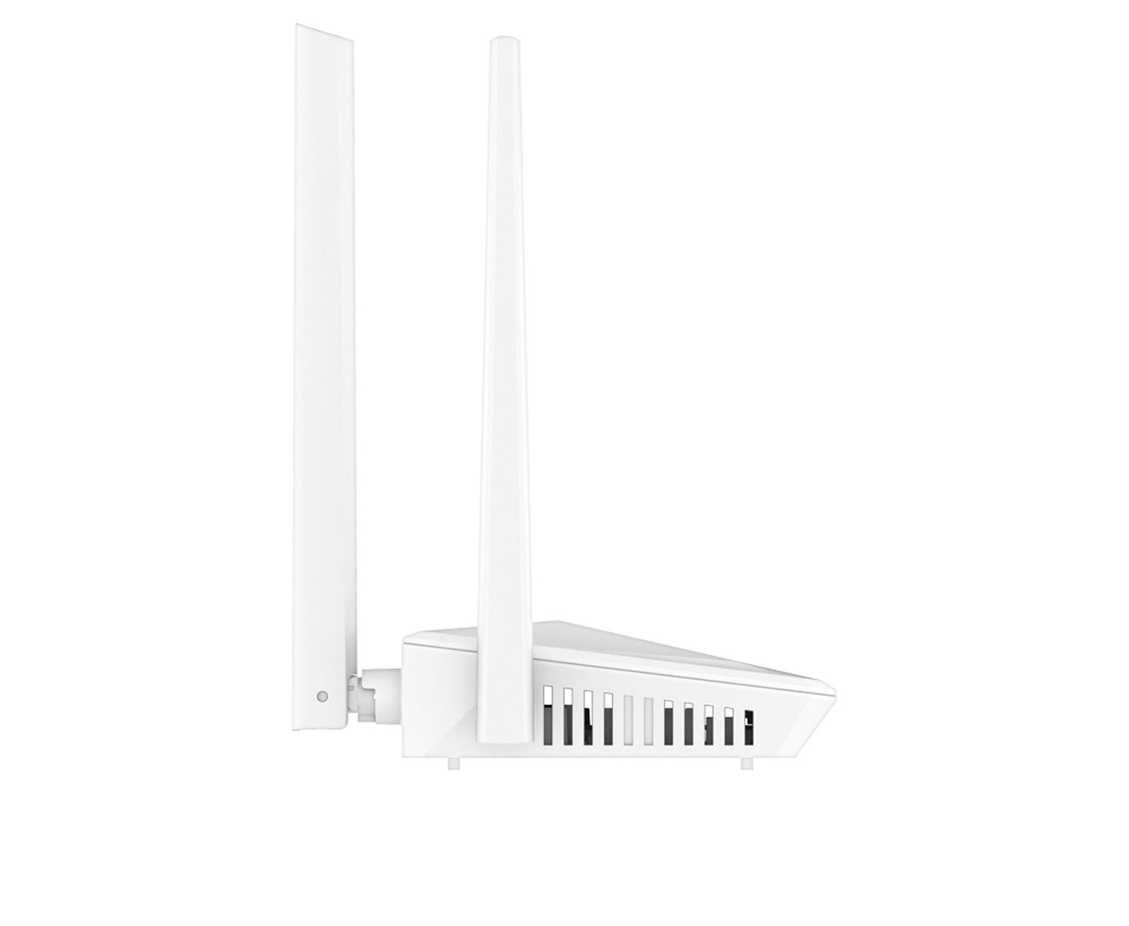 Een witte draadloze router met twee antennes en ventilatieopeningen.
