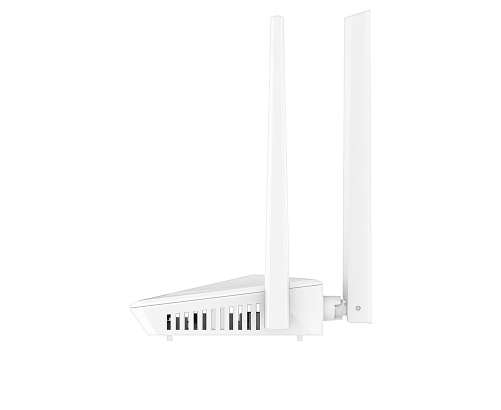 Een witte wifi-router met twee antennes en ventilatiegleuven op een witte achtergrond.