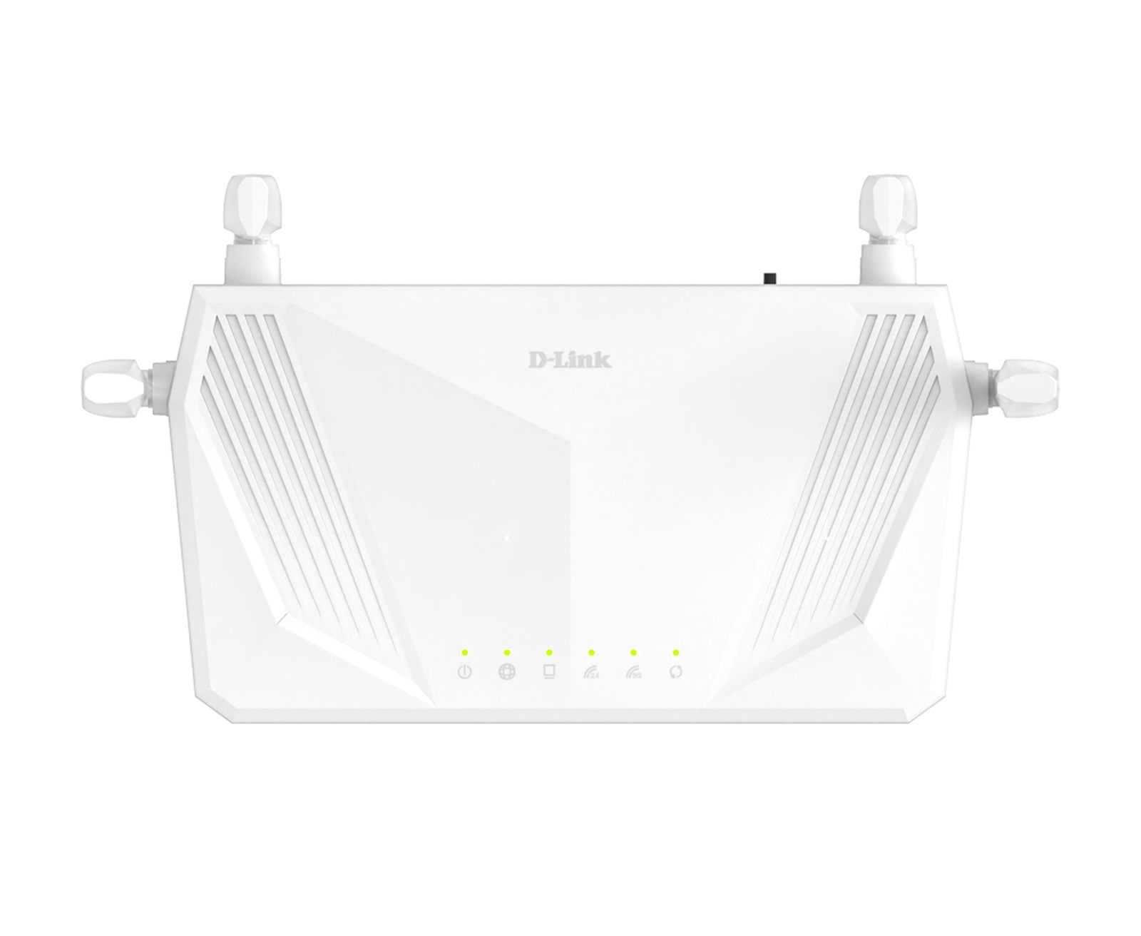Een witte D-Link router met vier externe antennes en verlichte groene status-leds op het voorpaneel.
