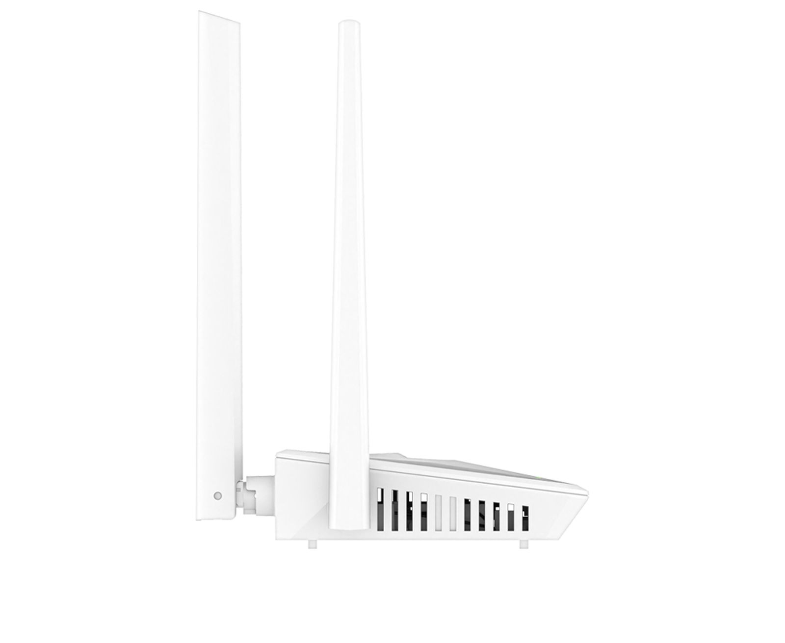 Een witte draadloze router met twee antennes op een wit oppervlak.