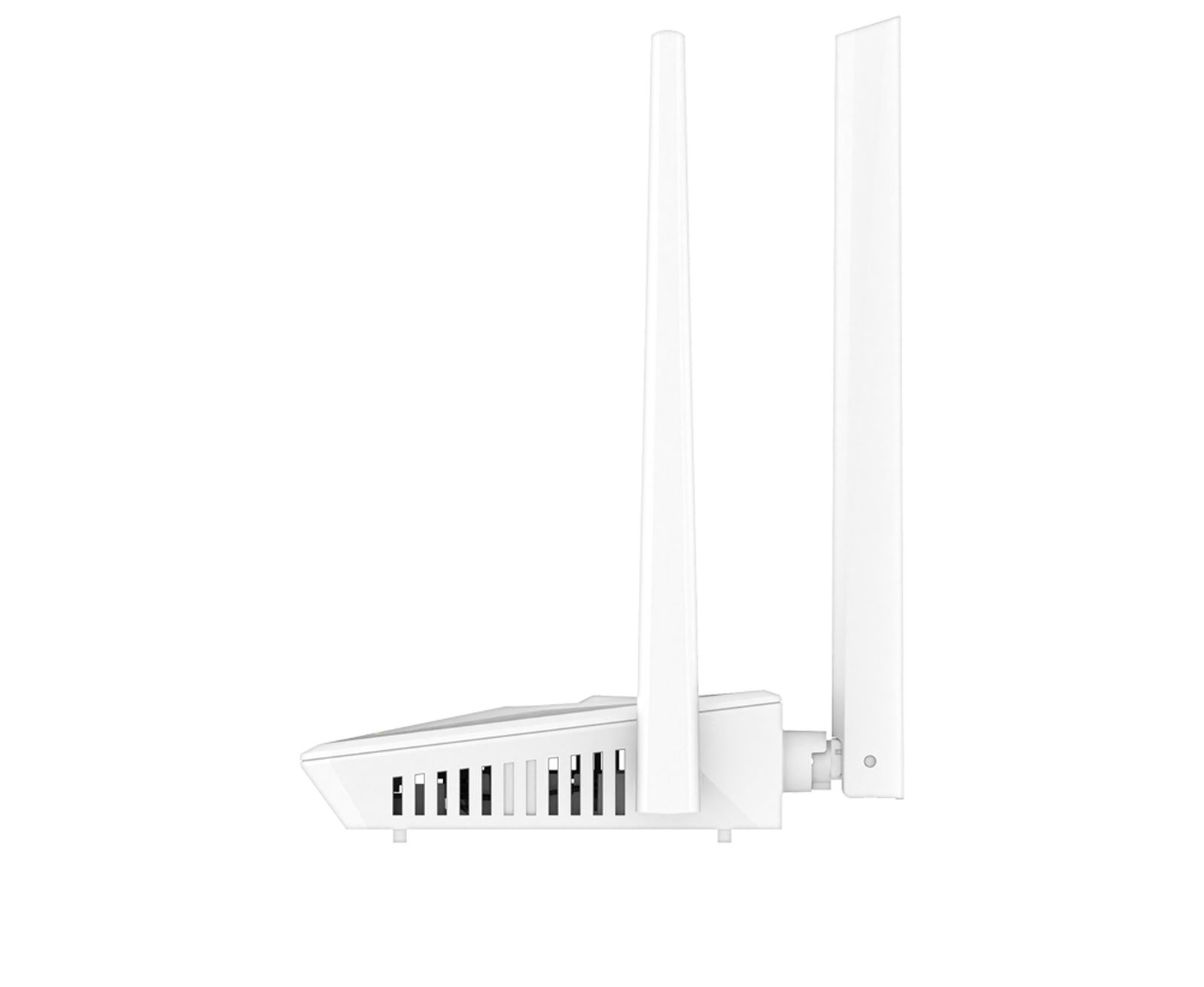 Een witte wifi-router met twee rechtopstaande antennes op witte achtergrond.
