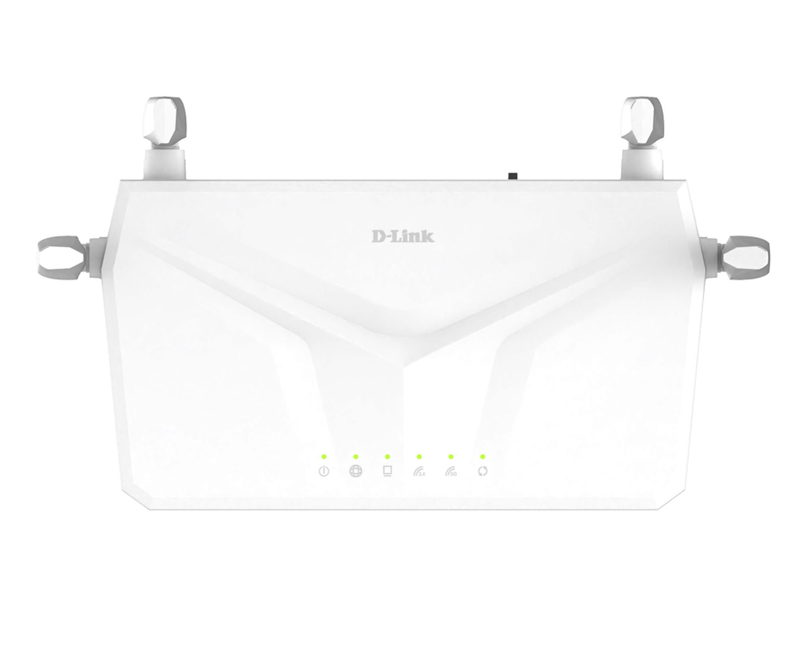 Een witte D-Link router met vier antennes en groene statuslampjes aan de voorzijde.