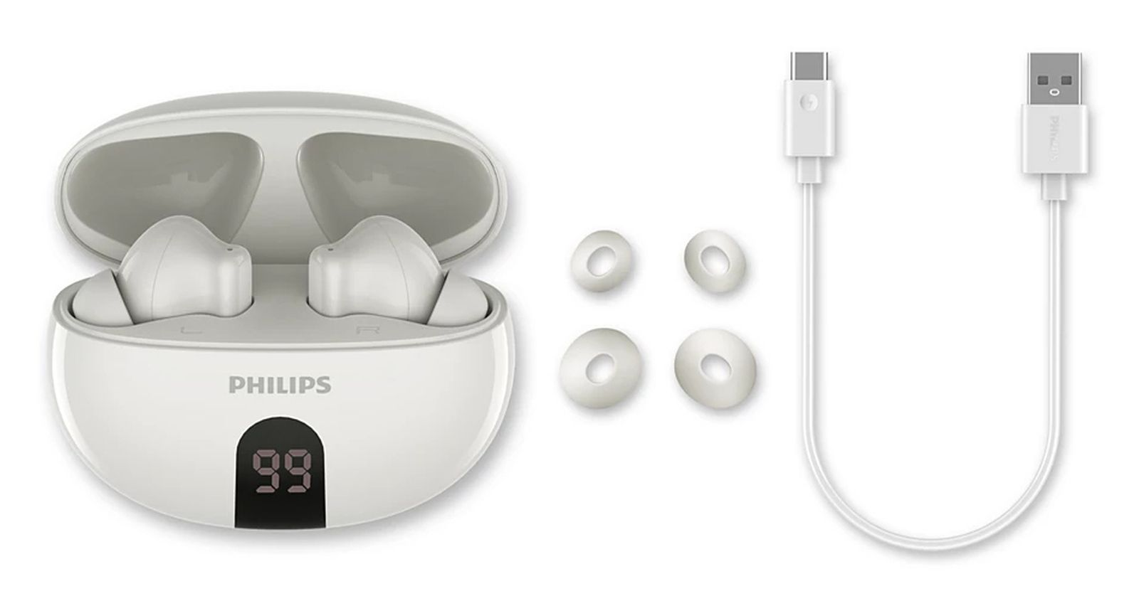 Weiße Philips Ohrhörer in Ladecase mit Display, Ersatzaufsätzen und USB-Ladekabel vor weißem Hintergrund.