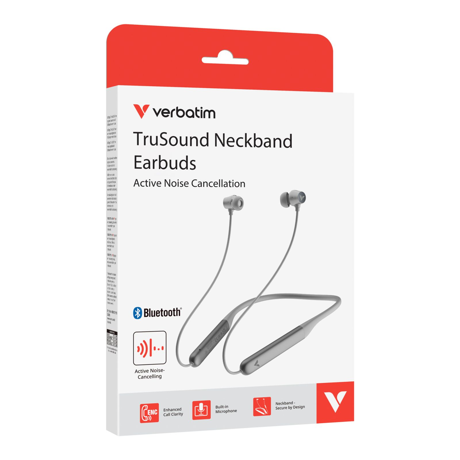 Auriculares de banda para el cuello Verbatim TruSound en embalaje blanco y rojo con cancelación de ruido.
