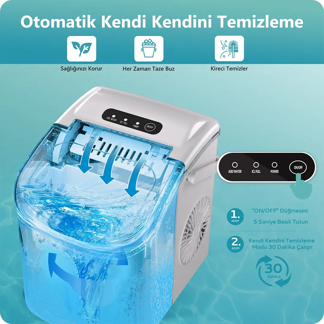 Ein weißer Eisbereiter mit blauem Wasser und Selbstreinigungsanweisungen vor türkisem Hintergrund.