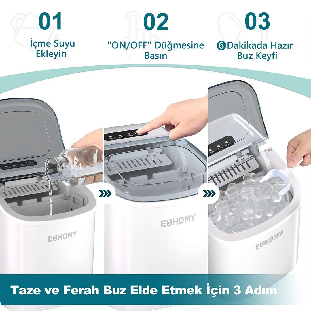 Dreistufige Anleitung für den Euhomy-Eisbereiter: Wasser einfüllen, Einschalten und Eis entnehmen.
