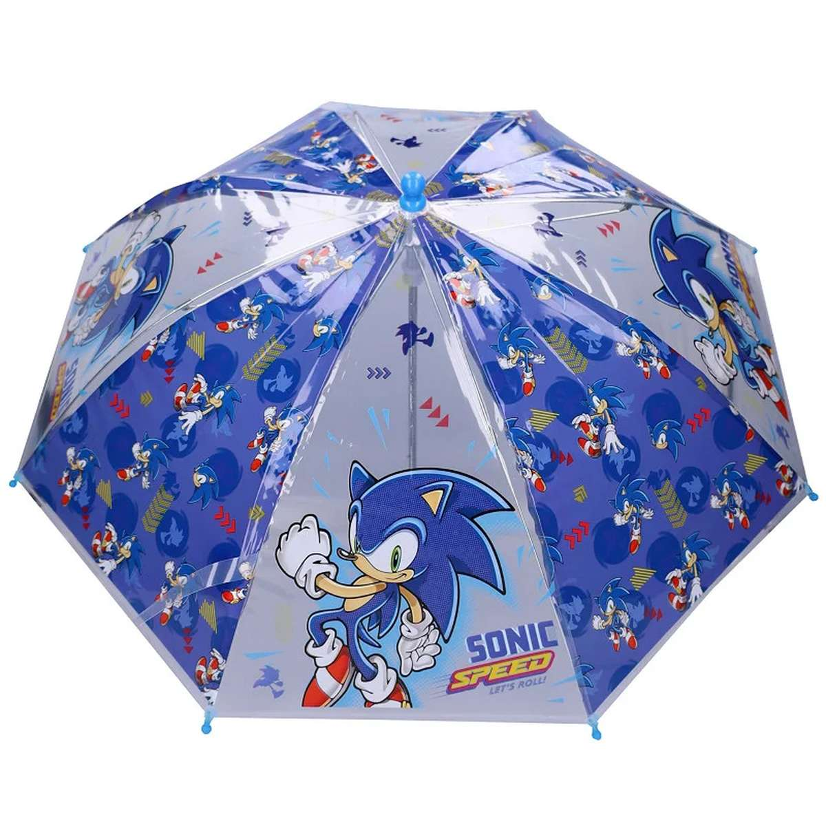 Paraguas azul transparente con Sonic the Hedgehog y gráficos de acción en todos los paneles.