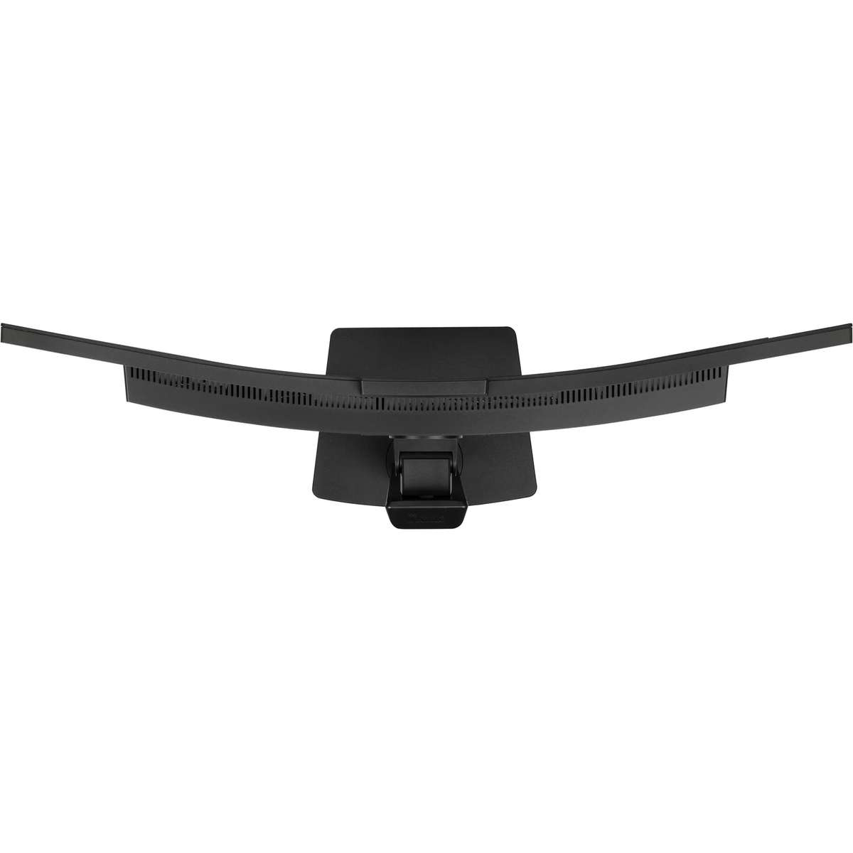 Top-down view of a black curved computer monitor with a stand on a white background.