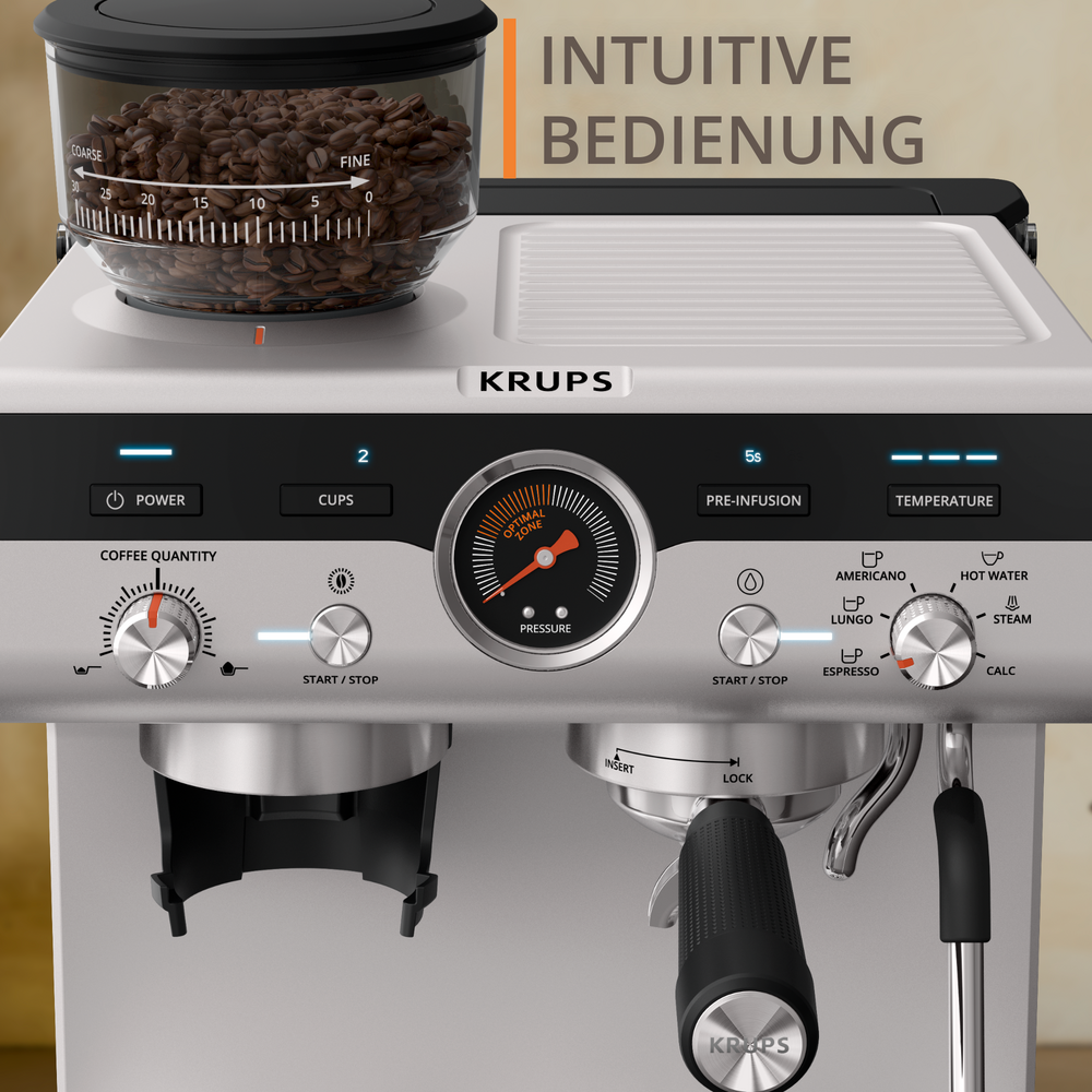 Macchina da caffè Krups con contenitore grani, manometro e manopole.