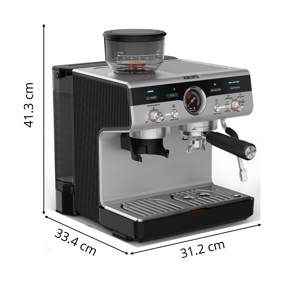 Macchina da caffè Krups con macinacaffè integrato, pulsanti e dimensioni di 41,3 x 31,2 x 33,4 cm.
