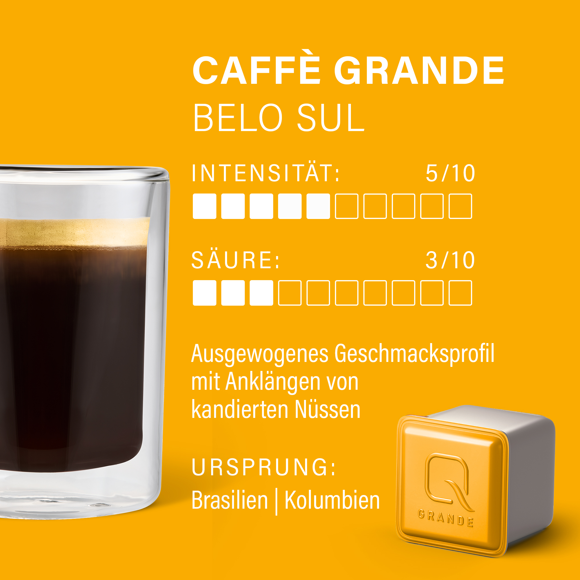 Gelbes Kaffeewerbebild mit Glas, Kaffeekapsel und Angaben zu Intensität, Säure und Geschmack.