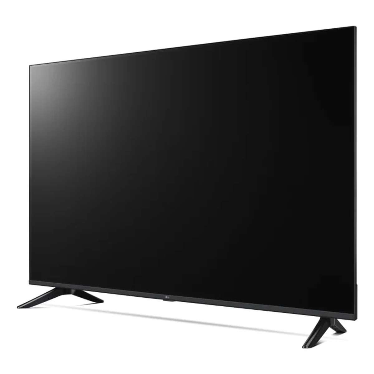Ein großer schwarzer Flachbildfernseher mit dünnem Rahmen steht auf zwei Beinen vor weißem Hintergrund.