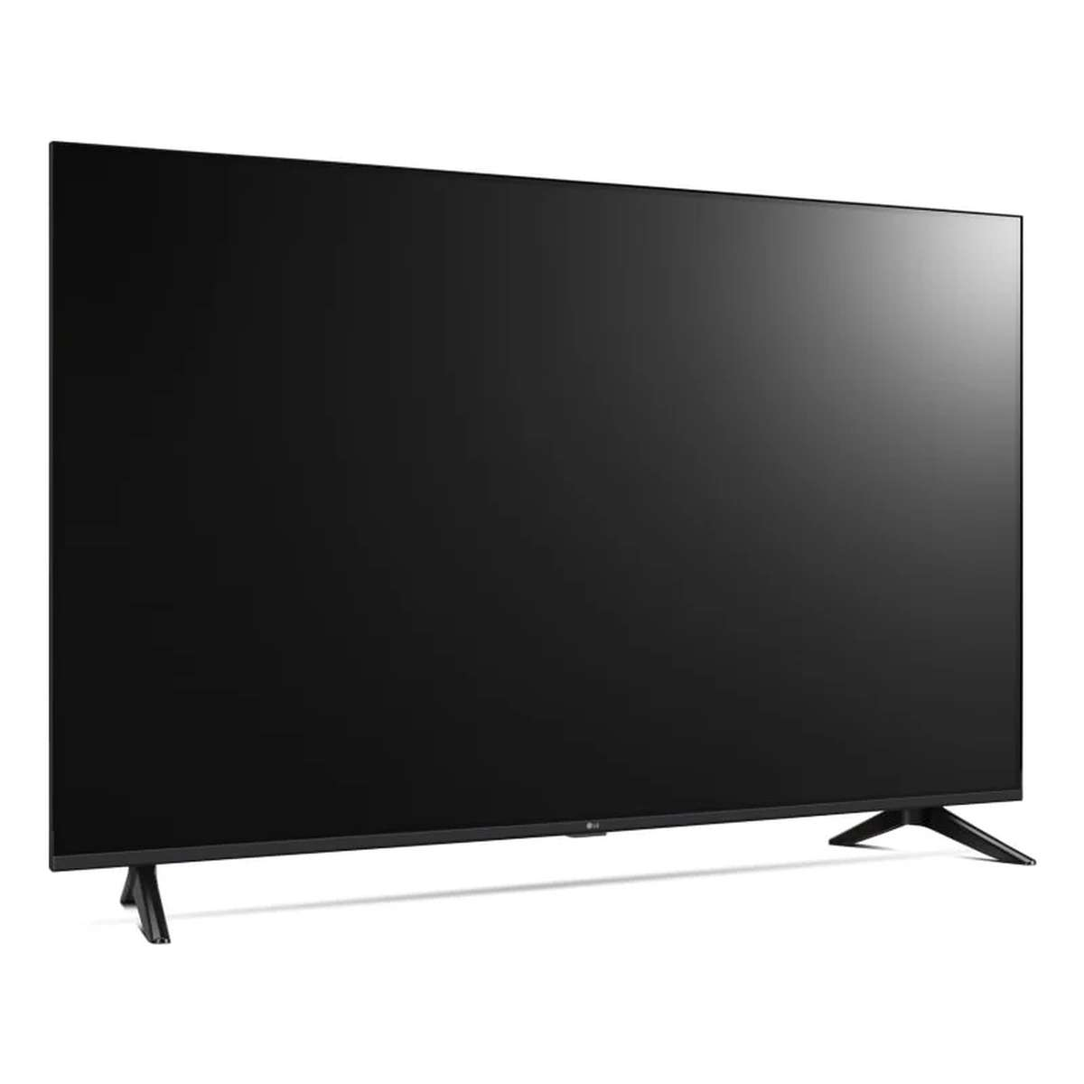 Ein großer, schwarzer Flachbildfernseher auf V-förmigen Standfüßen vor weißem Hintergrund.