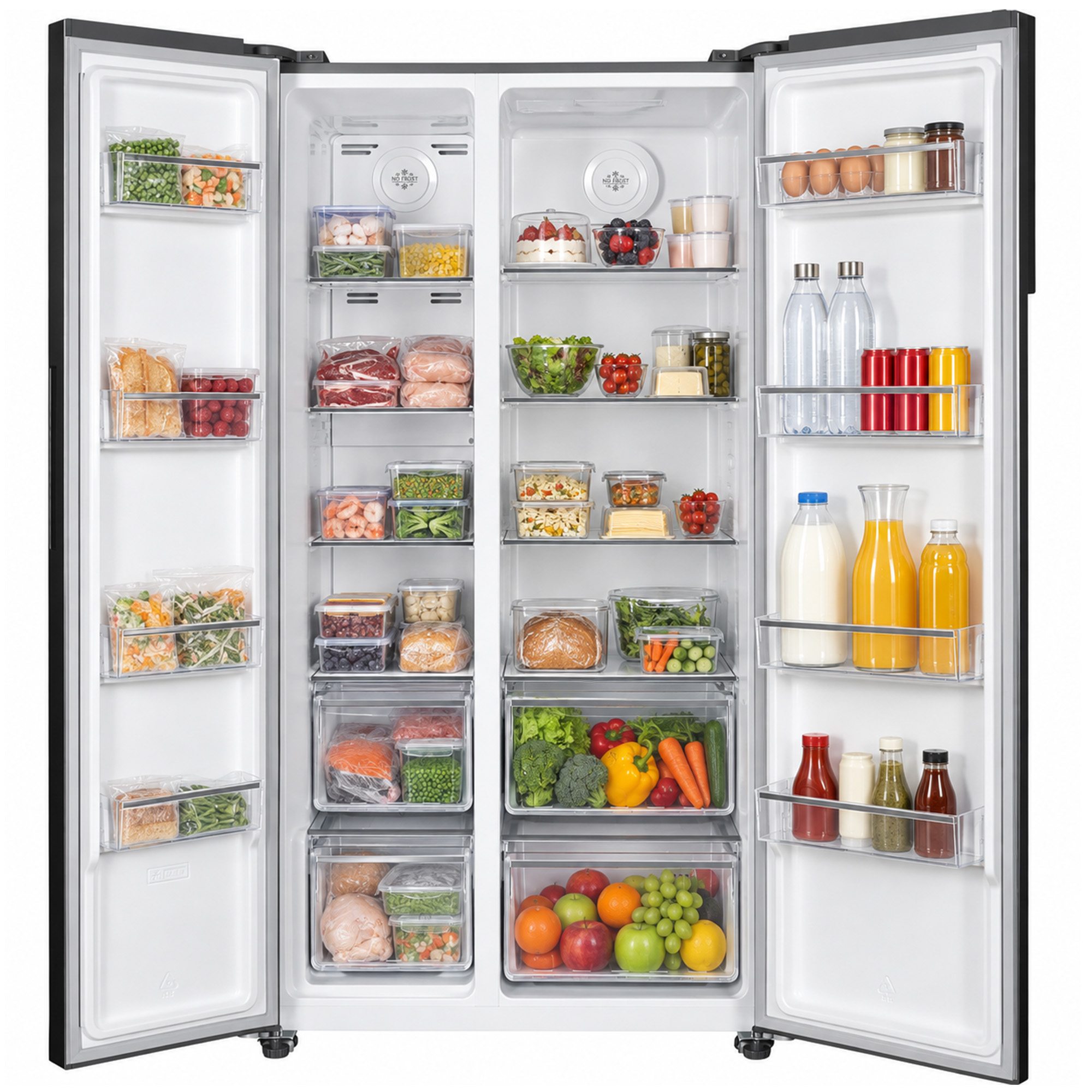 Open black side-by-side refrigerator fully stocked with fresh foods, vegetables, fruits, and beverages on shelves.