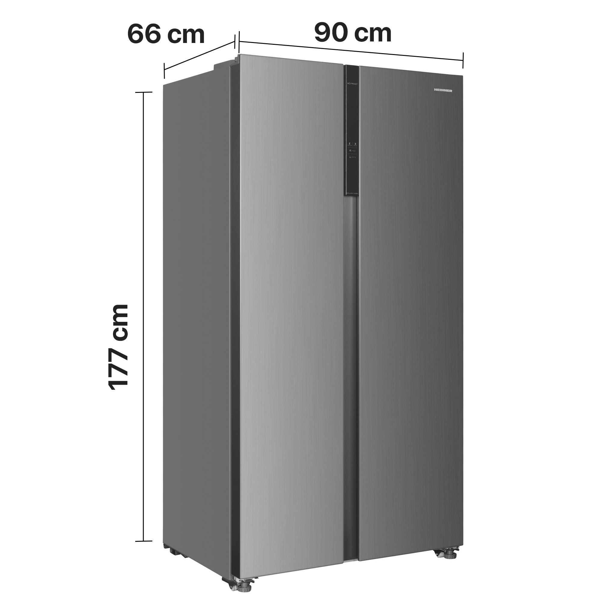 Gray side-by-side refrigerator with dimension labels of 177x90x66 cm on a white background.