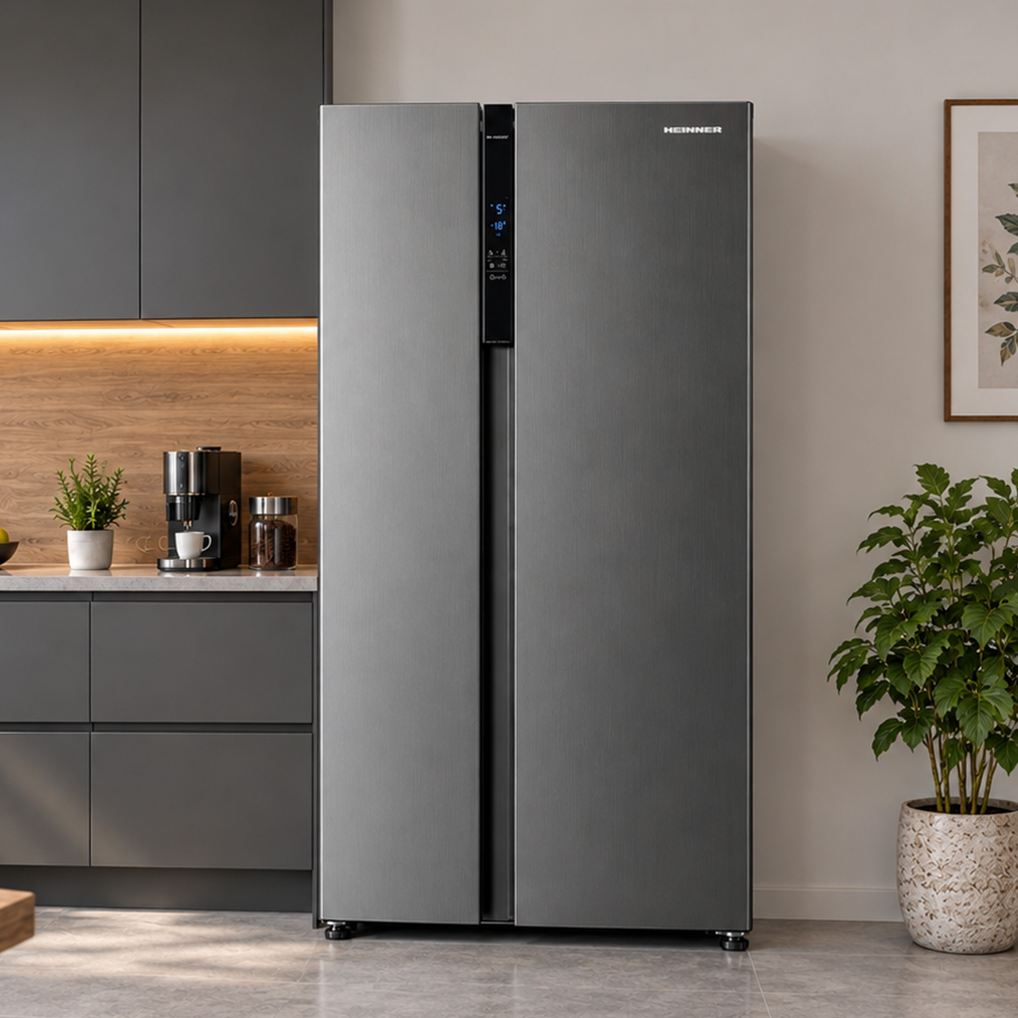 A grey double-door refrigerator in a modern kitchen with dark cabinets and plants.