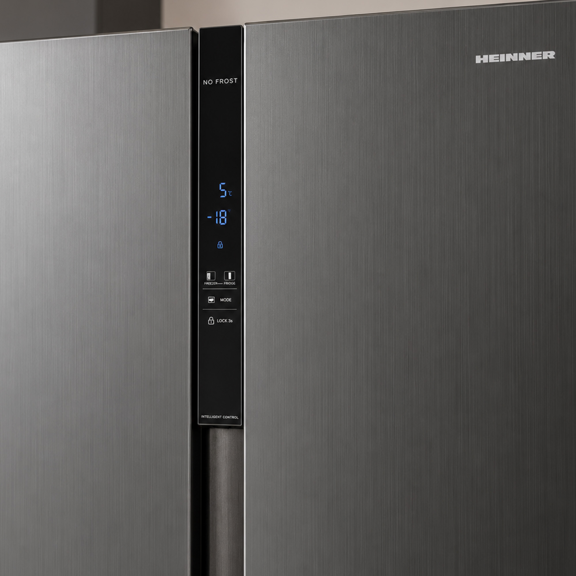 Grey Heinner refrigerator featuring a central digital control panel.