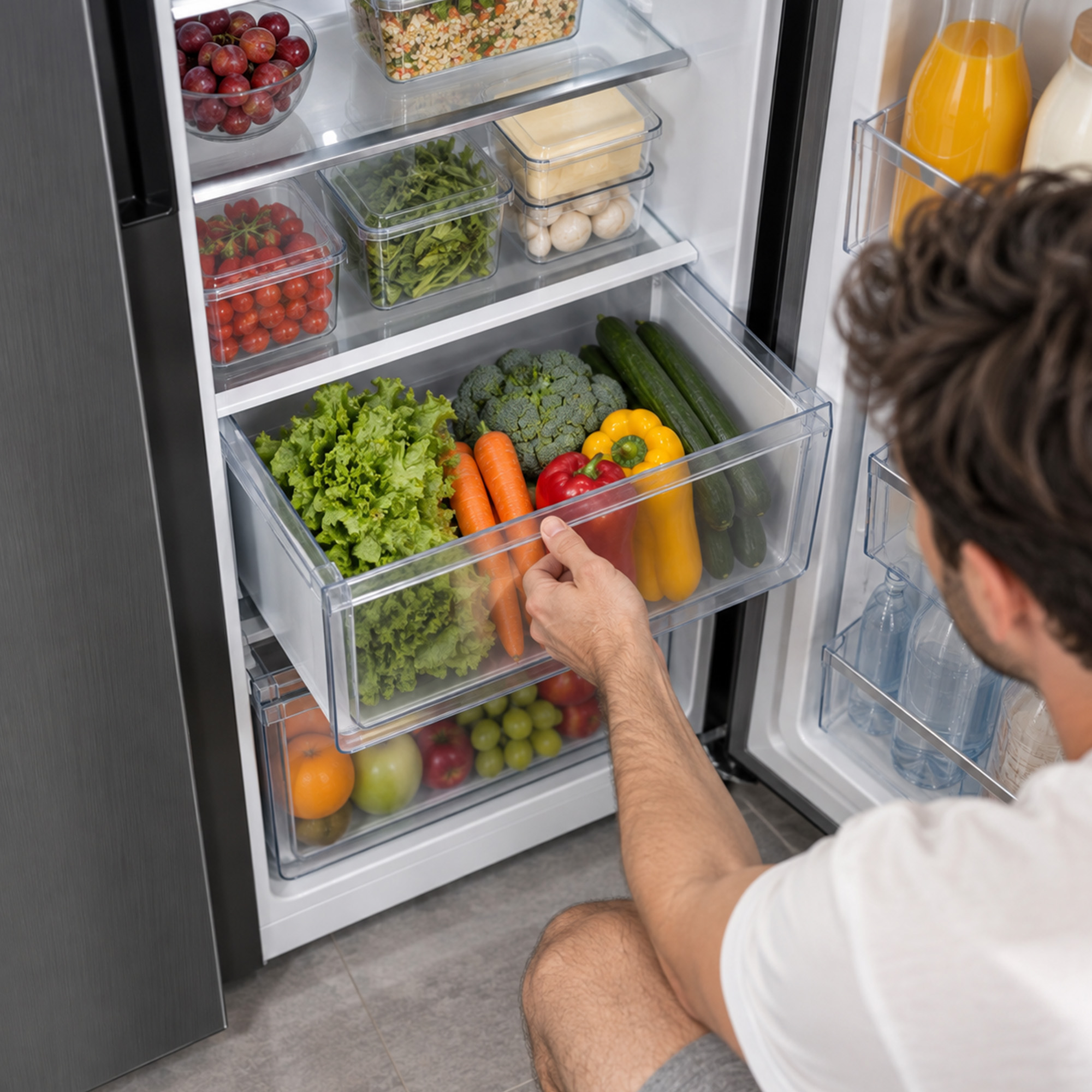 A man opens a refrigerator filled with fresh vegetables and fruits.