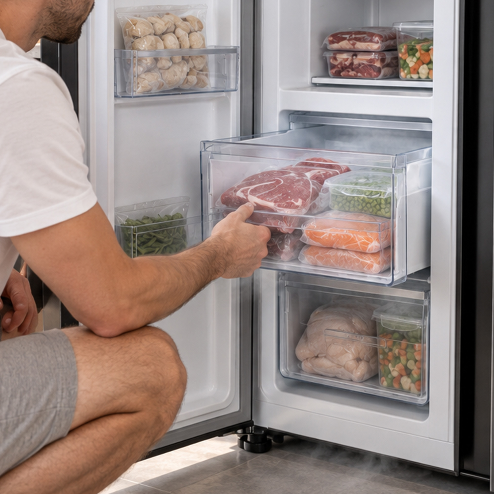 A man opens a freezer drawer stocked with meat, vegetables, and frozen food.