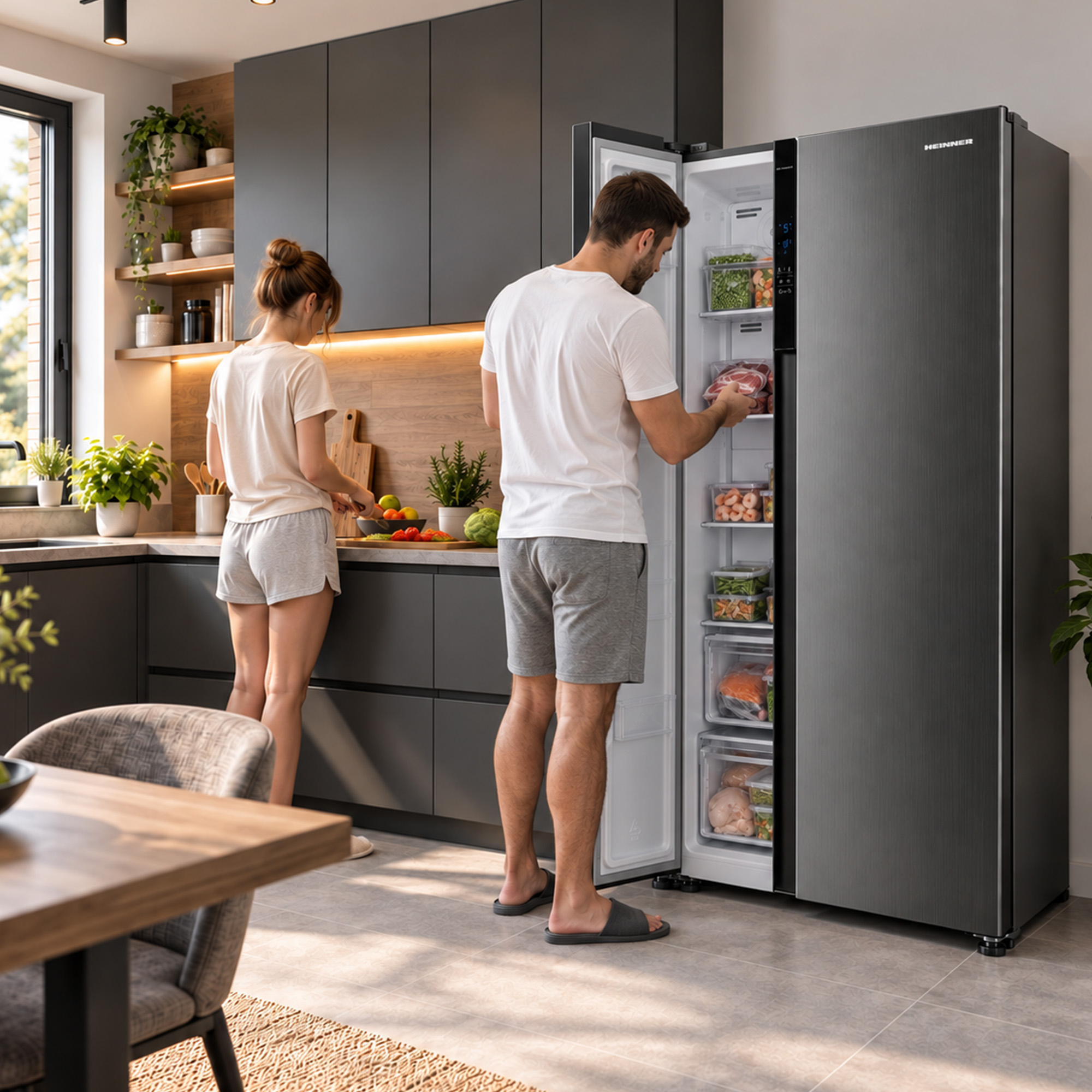 A couple in a modern kitchen with a man opening a large black refrigerator and a woman cooking at the counter.