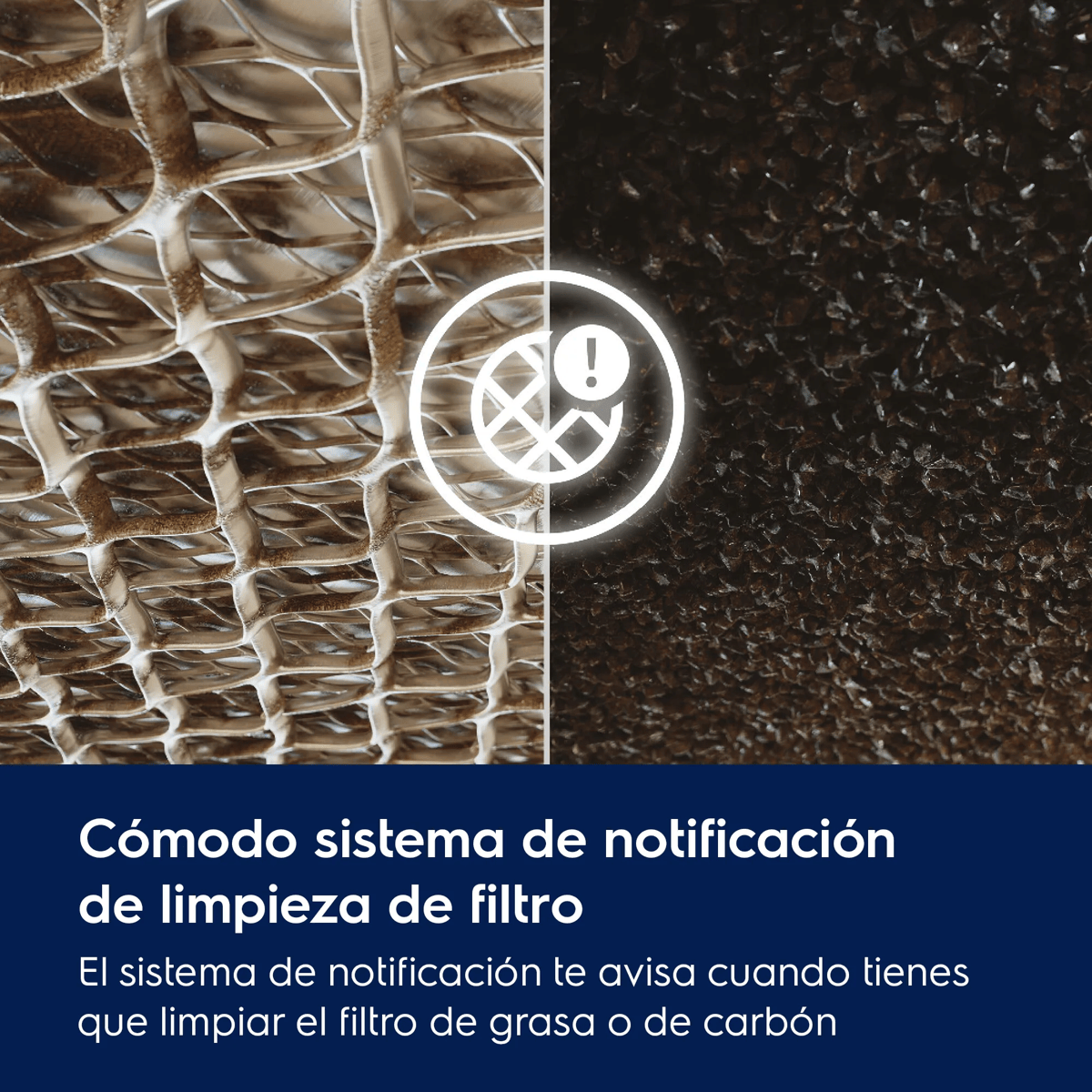 Pantalla dividida que muestra malla de filtro y partículas de carbón con aviso de limpieza.