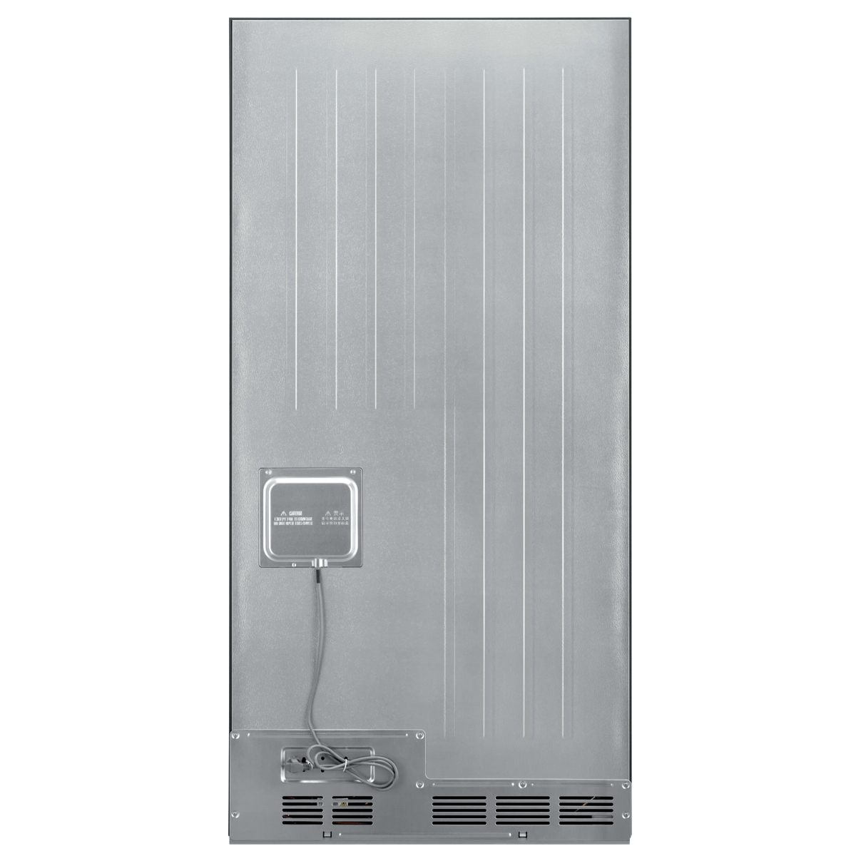 La parte trasera plateada de un refrigerador con ranuras verticales, una carcasa de compresor y un cable conectado.