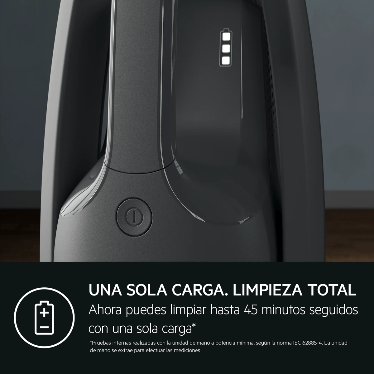 Gray vacuum cleaner with a battery indicator and text about battery life.