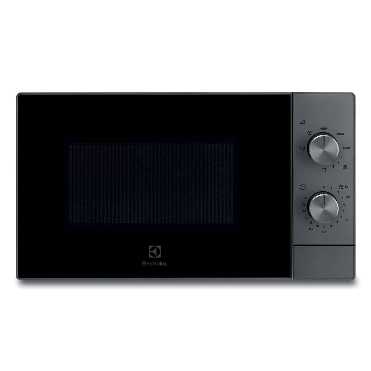 Eine schwarz-graue Electrolux Mikrowelle mit zwei Drehknöpfen auf der rechten Seite.