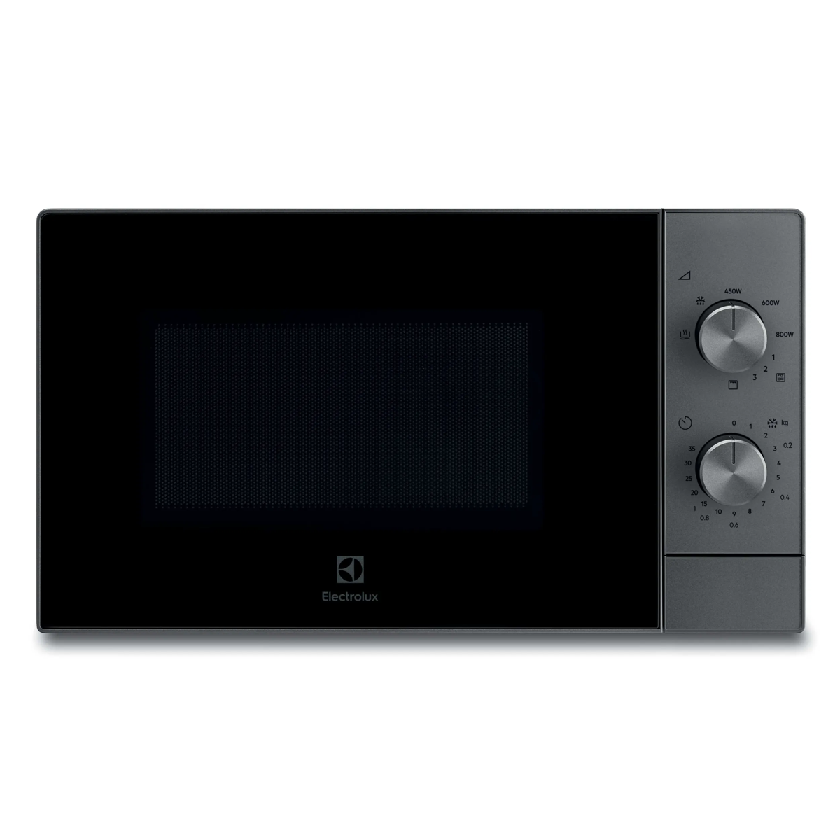 Schwarze Electrolux Mikrowelle mit zwei Drehknöpfen auf der rechten Seite.