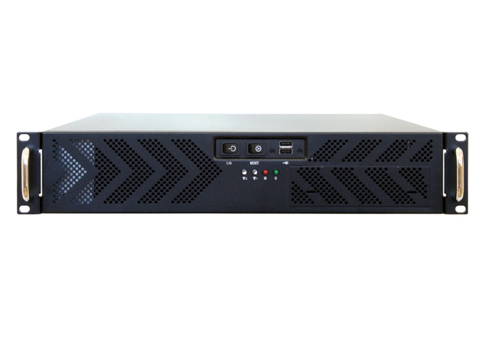 Czarna obudowa serwerowa do szaf RACK 19 cali z siatkowym frontem, przyciskami i portami USB.