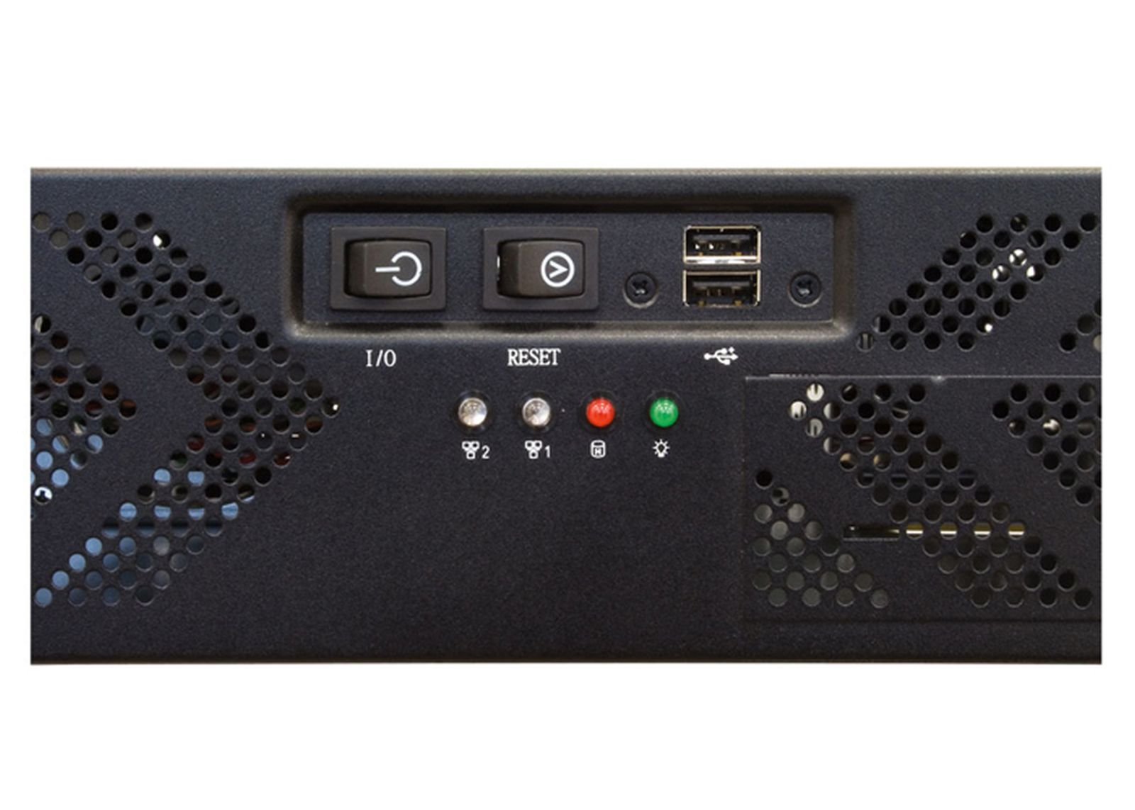 Czarny panel sterowania serwera z włącznikiem, przyciskiem reset, portami USB i diodami LED.