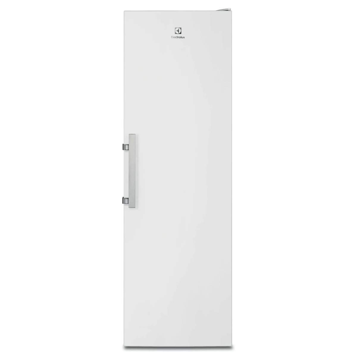 Biała zamrażarka pionowa Electrolux z długim srebrnym uchwytem na białym tle.