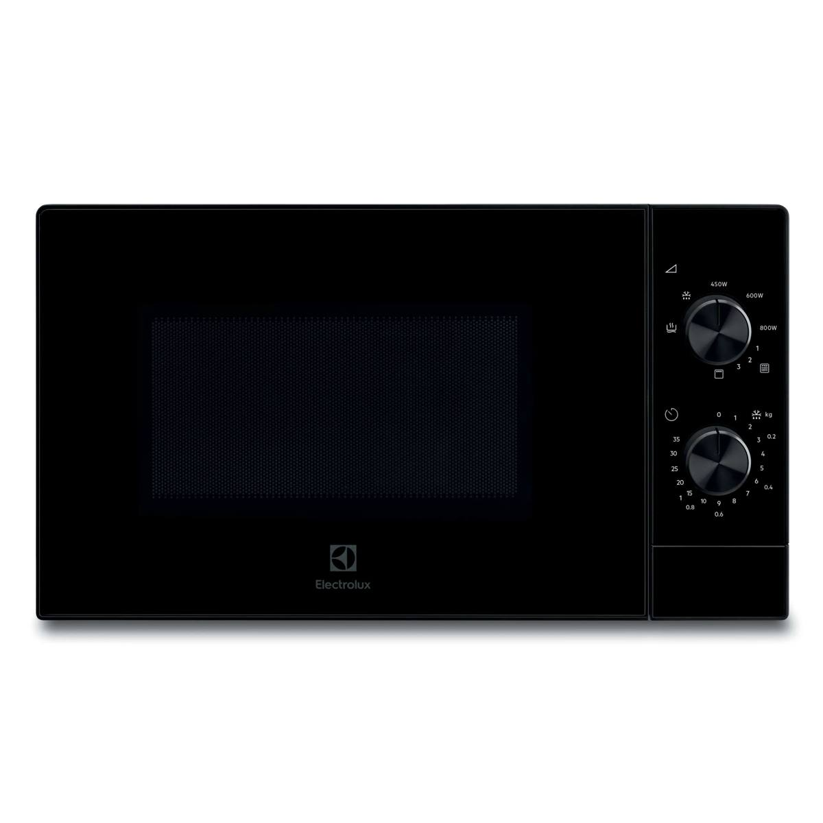 Schwarze Electrolux Mikrowelle mit zwei Drehknöpfen und Glastür auf weißem Hintergrund.