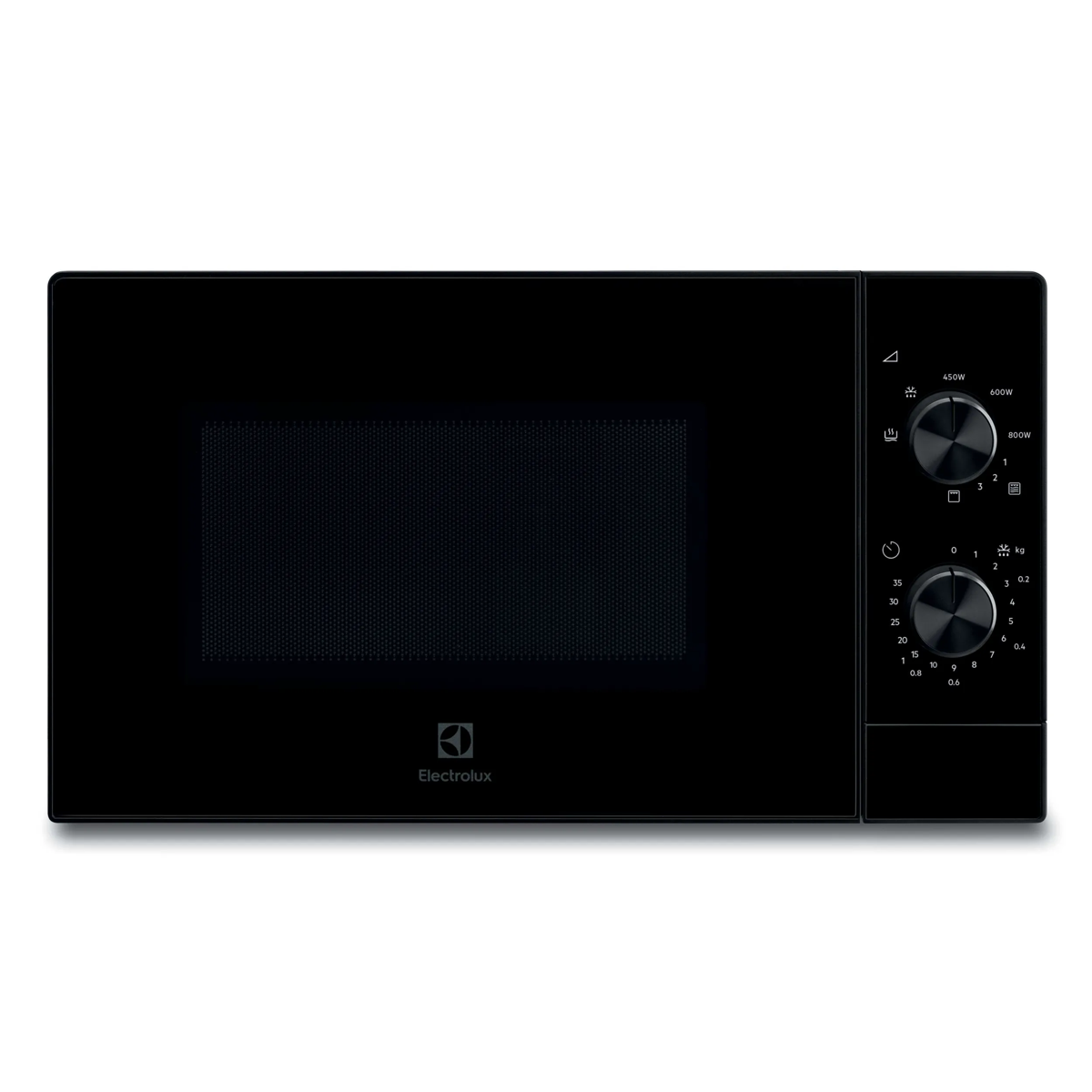 Schwarze Electrolux Mikrowelle mit zwei Drehknöpfen auf der rechten Seite vor weißem Hintergrund.