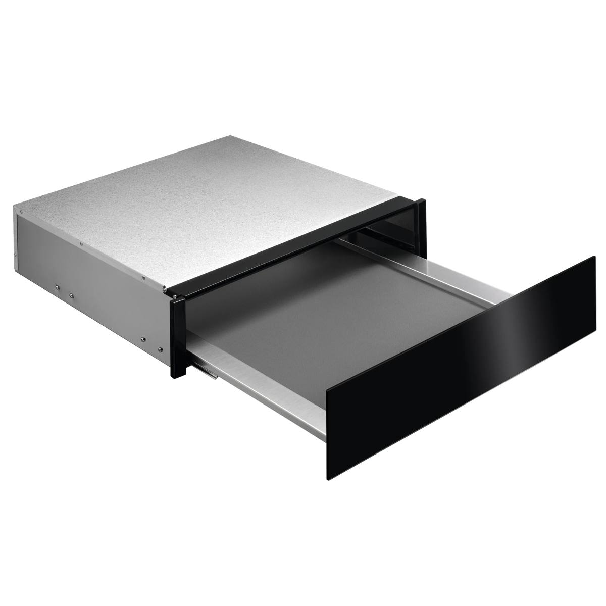 Un cassetto estensibile in metallo argento e nero con superficie liscia.