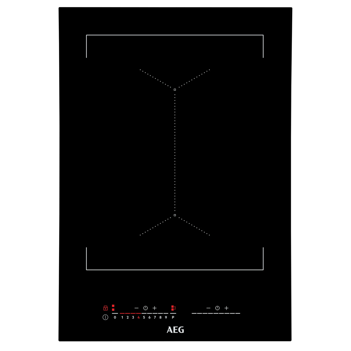 Un piano cottura a induzione AEG nero con zone bianche e pannello touch rosso.