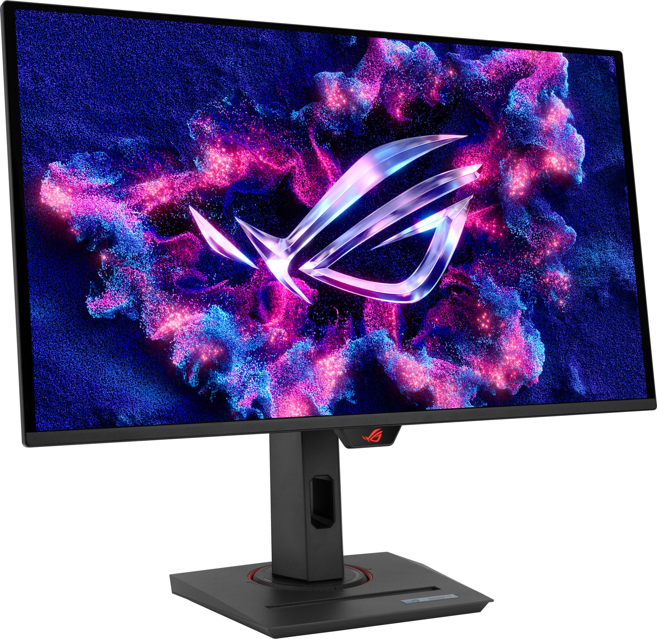 Un moniteur noir affiche un design coloré rose et bleu avec un logo ASUS ROG sur l'écran.