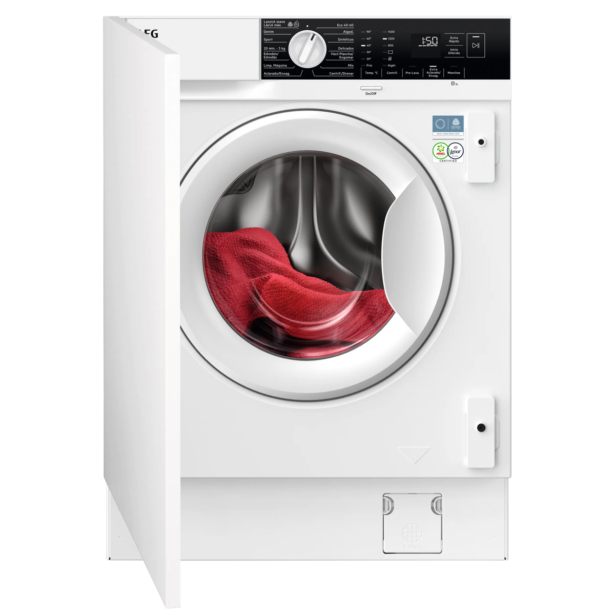 Lavadora blanca con puerta abierta, un paño rojo dentro del tambor y panel de control negro.