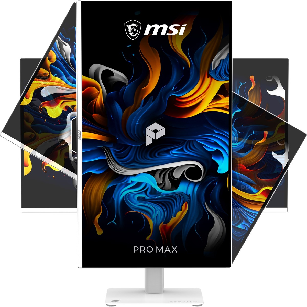 Biały monitor MSI Pro Max wyświetla kolorową grafikę abstrakcyjną na tle kilku przesuniętych ekranów.