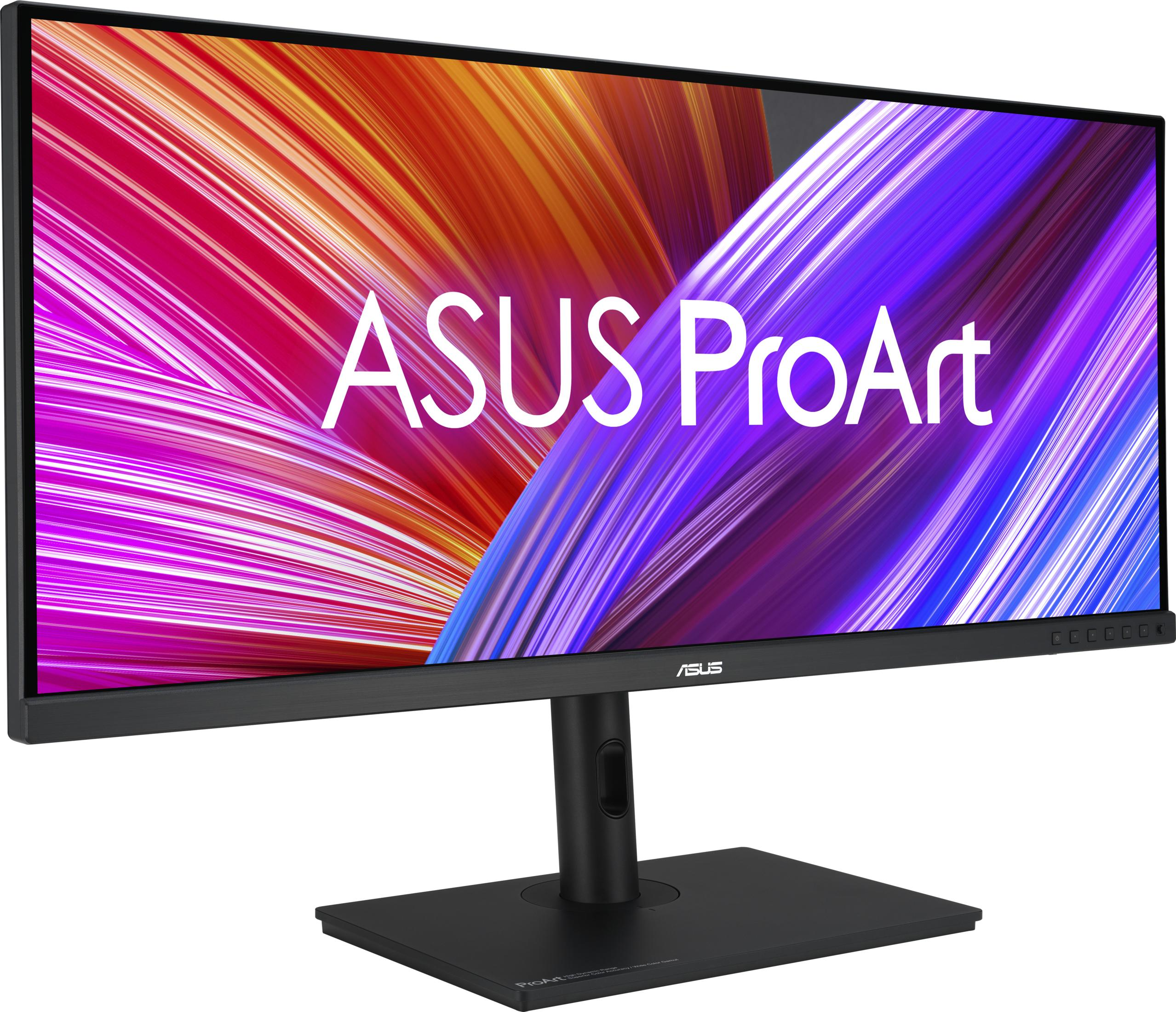 Bir ASUS ProArt monitör, ekranda renkli, soyut bir dalga deseni ve beyaz marka logosu gösterir.