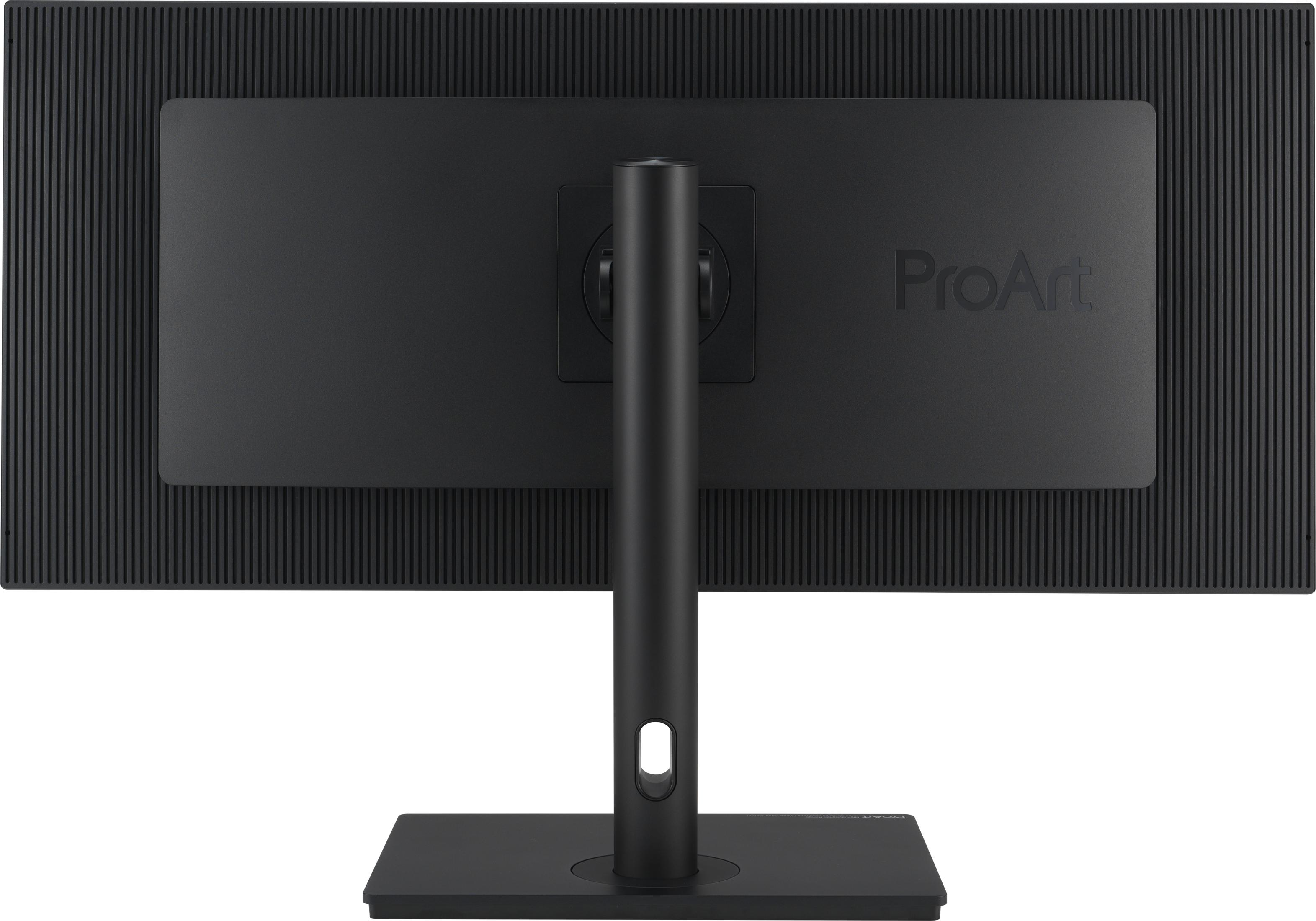 Stand üzerinde siyah bir ProArt monitörün arkadan görünümü, dokulu arka ve logolu.