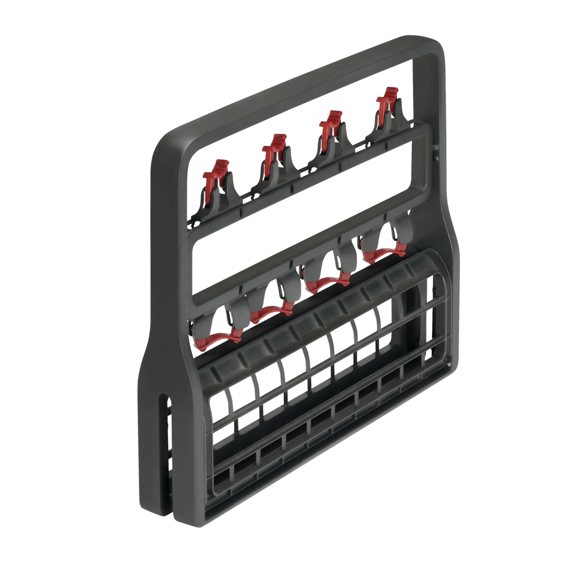 Cesta para cubiertos gris con clips rojos sobre fondo blanco.
