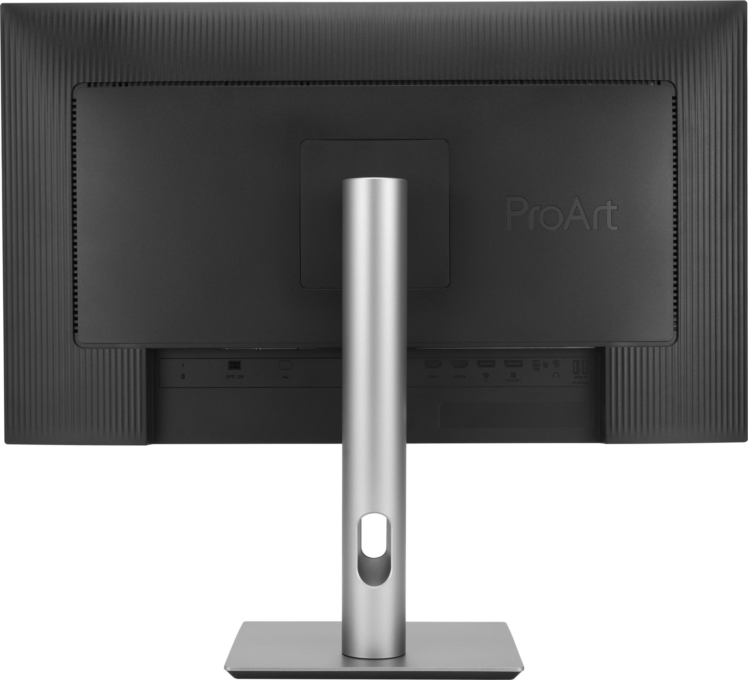 The back of a black ProArt monitor with a silver stand and various connection ports at the bottom.