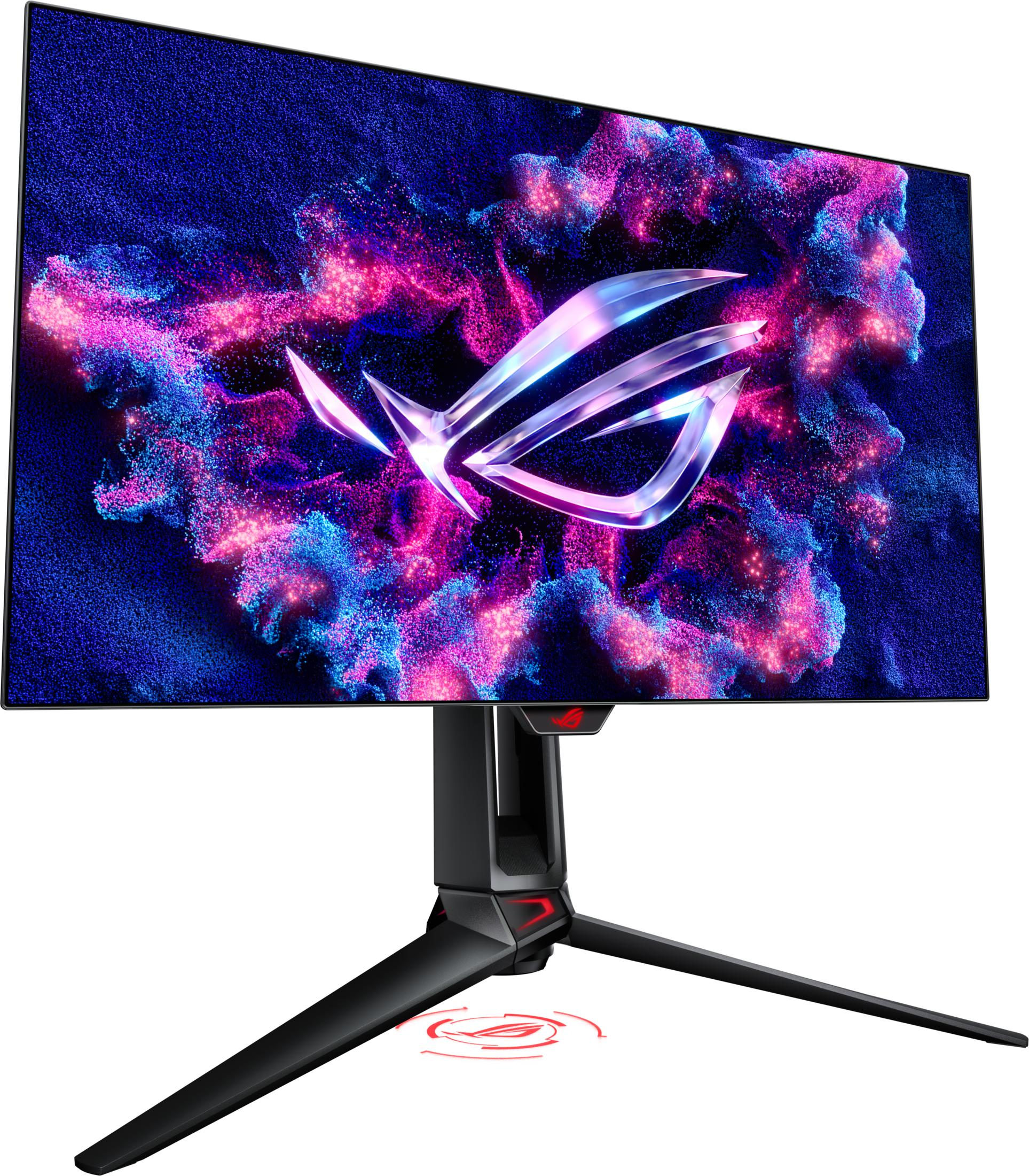 ROG gaming monitor with vibrant colorful screen display and sturdy stand against a white background.