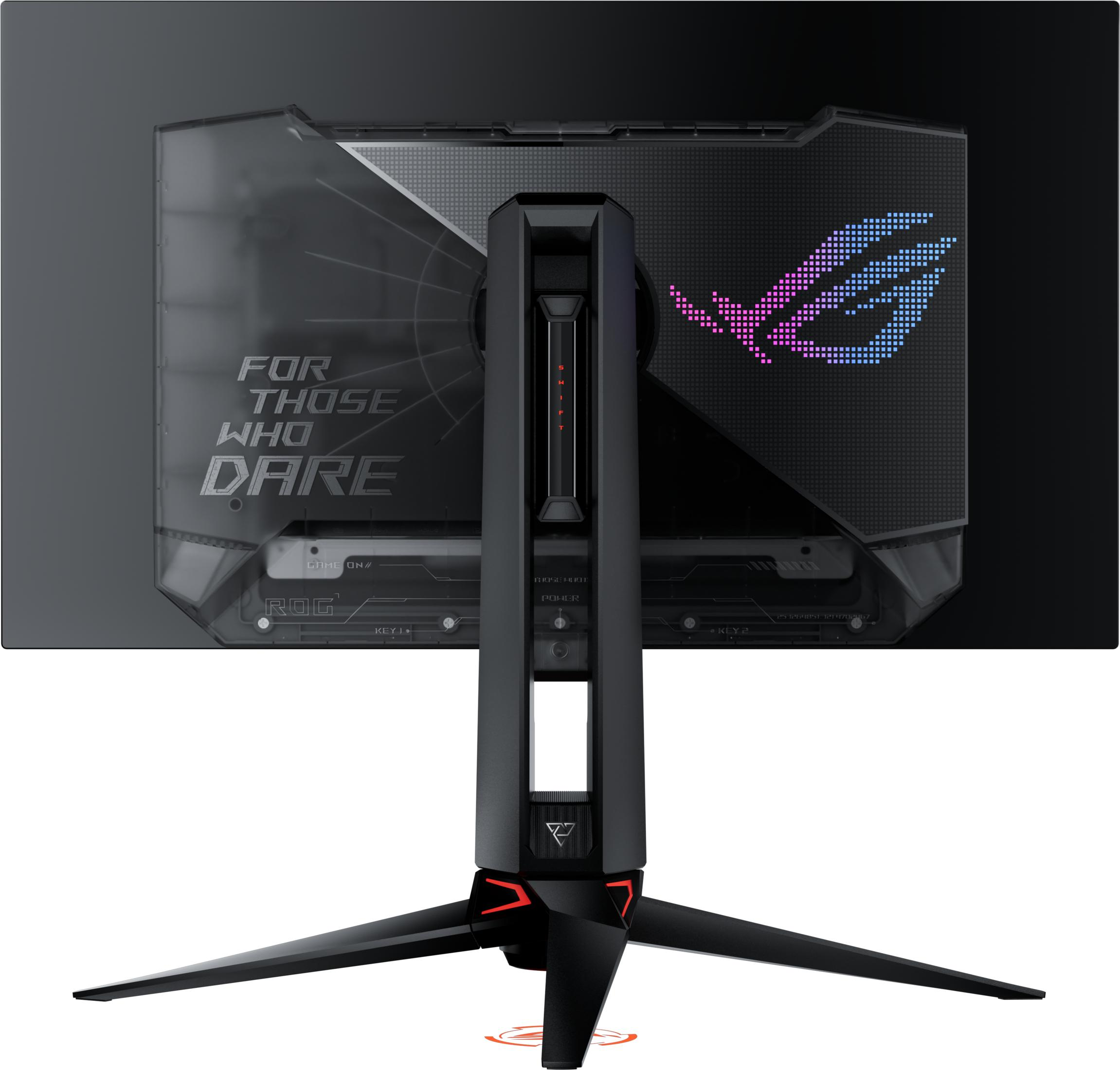 Rear view of a black ROG gaming monitor with glowing blue and pink logo, transparent back panel, and a tripod stand.