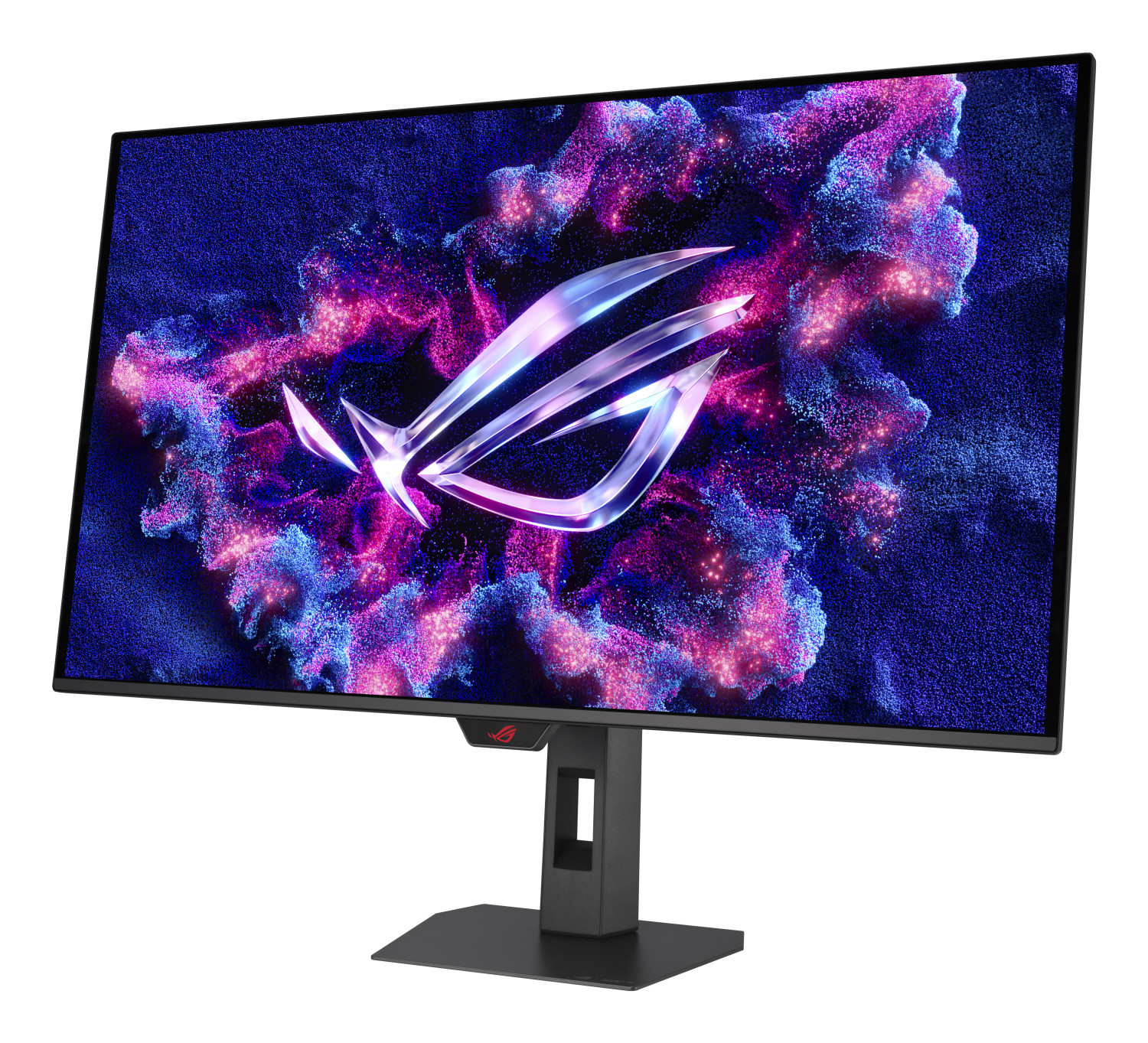 Un monitor da gioco ROG con cornice sottile, supporto nero e un grafico di sfondo astratto e colorato.
