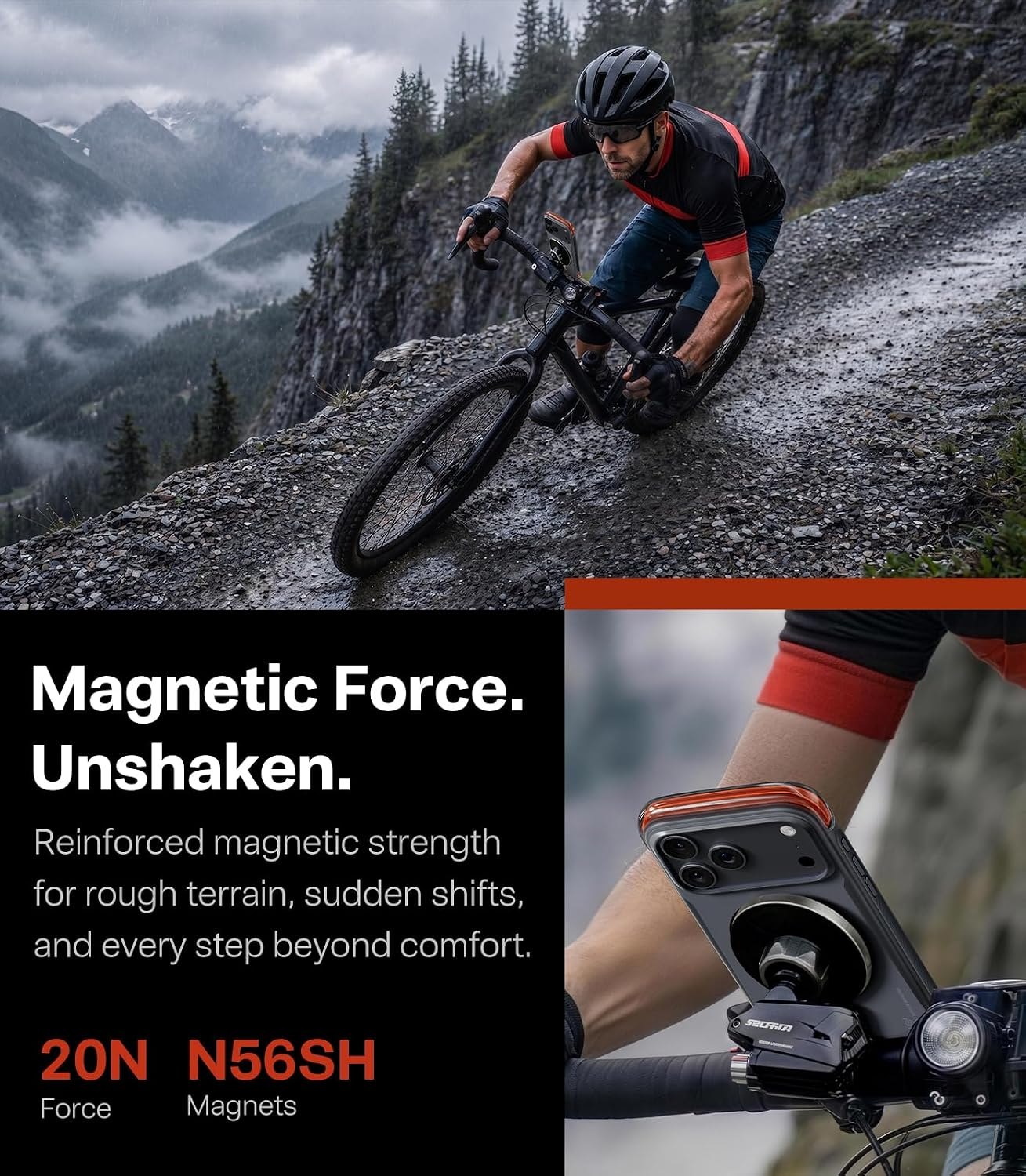 Ein Radfahrer fährt auf einem holprigen Trail mit Bergen im Hintergrund, Smartphone am Lenker montiert.