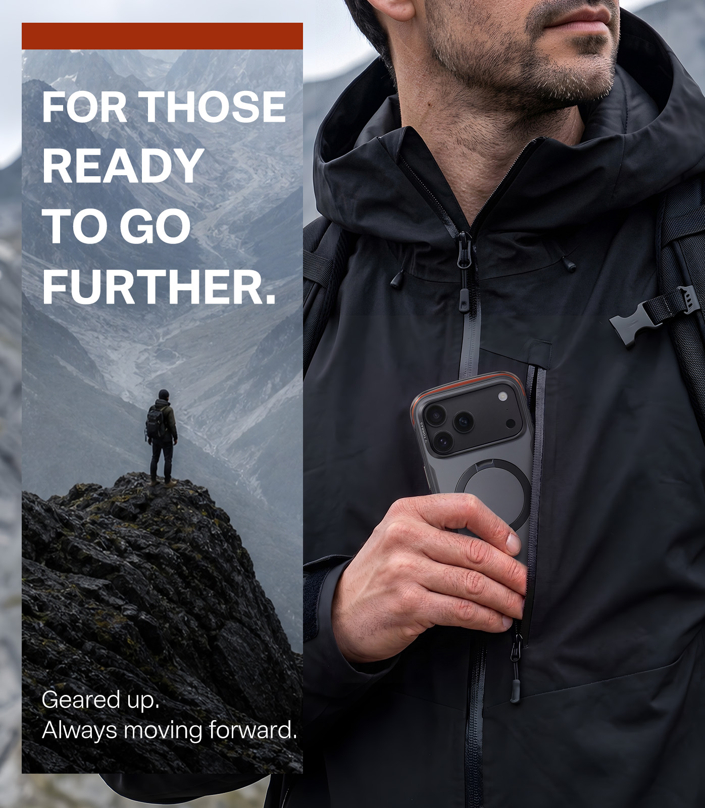 Ein Mann im schwarzen Outdoor-Jacke zieht ein Smartphone aus seiner Brusttasche, im Hintergrund eine Berglandschaft.