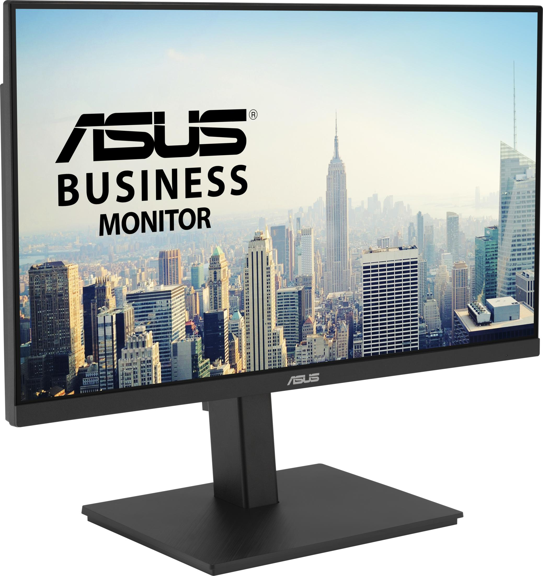 An ASUS Business Monitor displays a city skyline with the Empire State Building on screen.